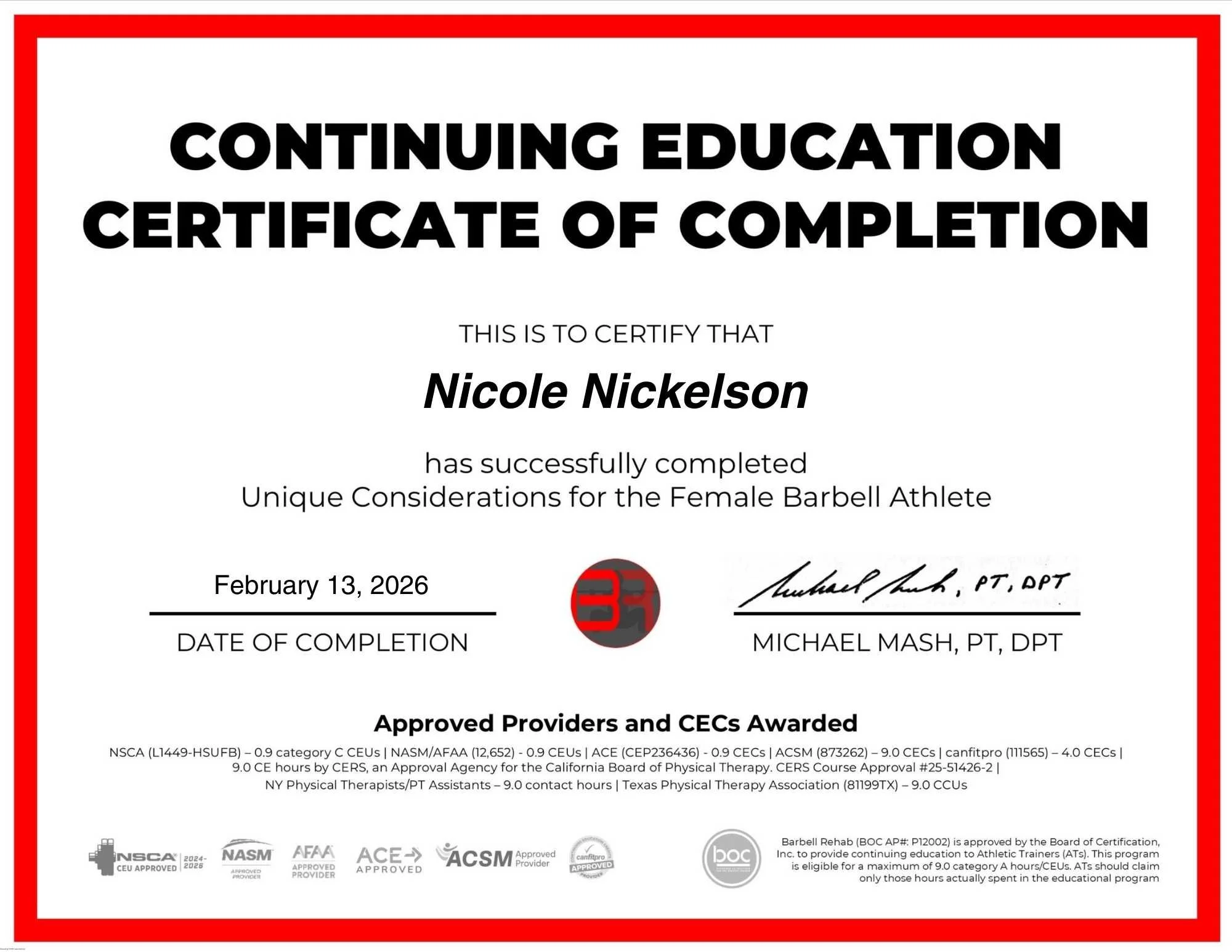 Female Barbell Athlete certificate