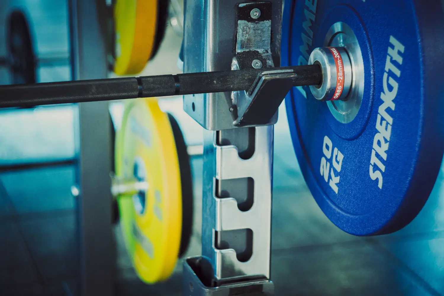 A barbell loaded with weight plates in a squat rack